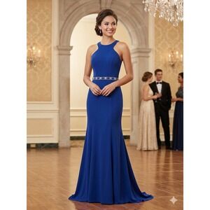Nina Canacci 1321 Evening Gown Womens 12 Royal Blue New Halter Open Back Beaded